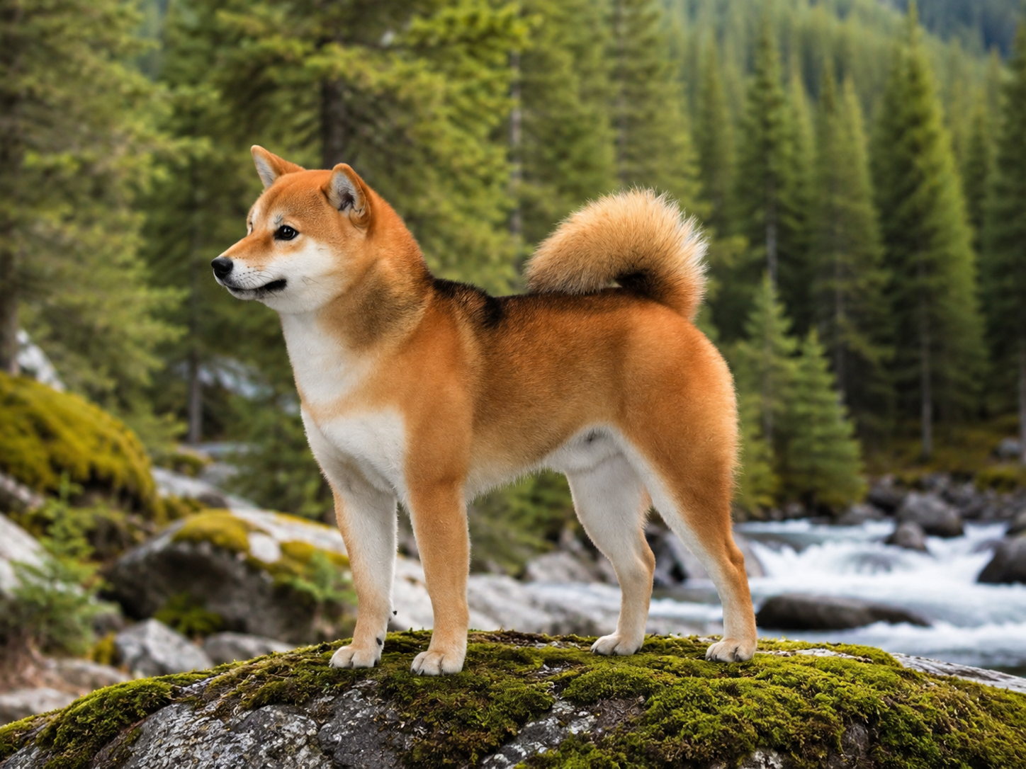 Shiba Inu standing in an open park on a sunny day